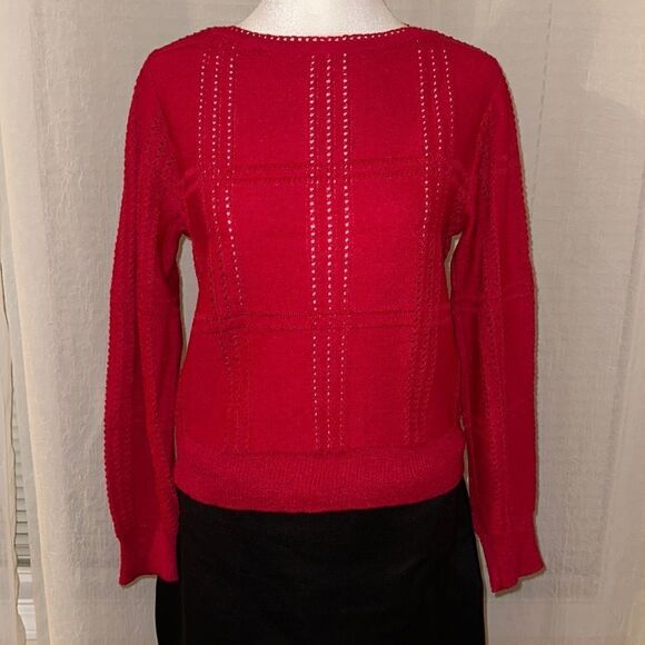ILGWU S Cerise Pink Boatneck Reverse Knit Eyelet Pullover Sweater Crochet Trim - Picture 1 of 11